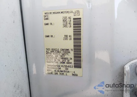 2016 Nissan Maxima 3.5S/Sv/Sl/Sr/Plat from USA, damaged, VIN 1N4AA6AP1GC428402